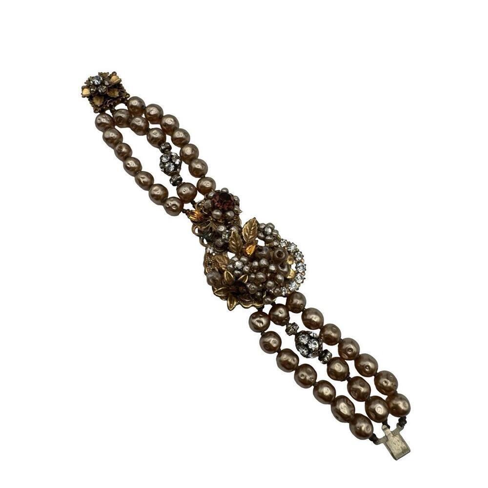Vintage Original By Robert Gold Tone Leaf Berry Rhinestone Beaded Bracelet